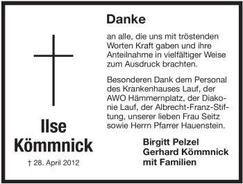 Traueranzeige von Ilse Kömmnick von Pegnitz-Zeitung